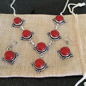 Sterling Silver Coral Necklace & Earrings Set Statement 18” New